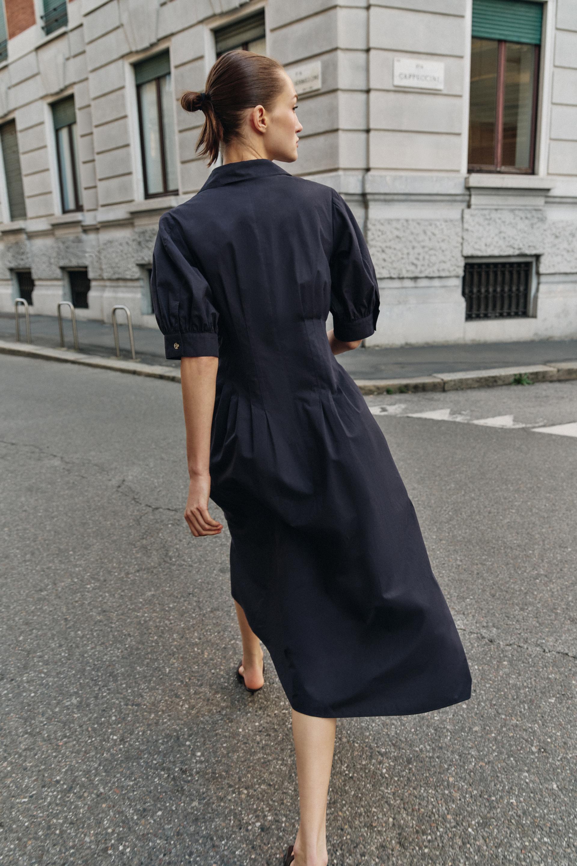ROBE MI-LONGUE EN POPELINE À MANCHES BOUFFANTES