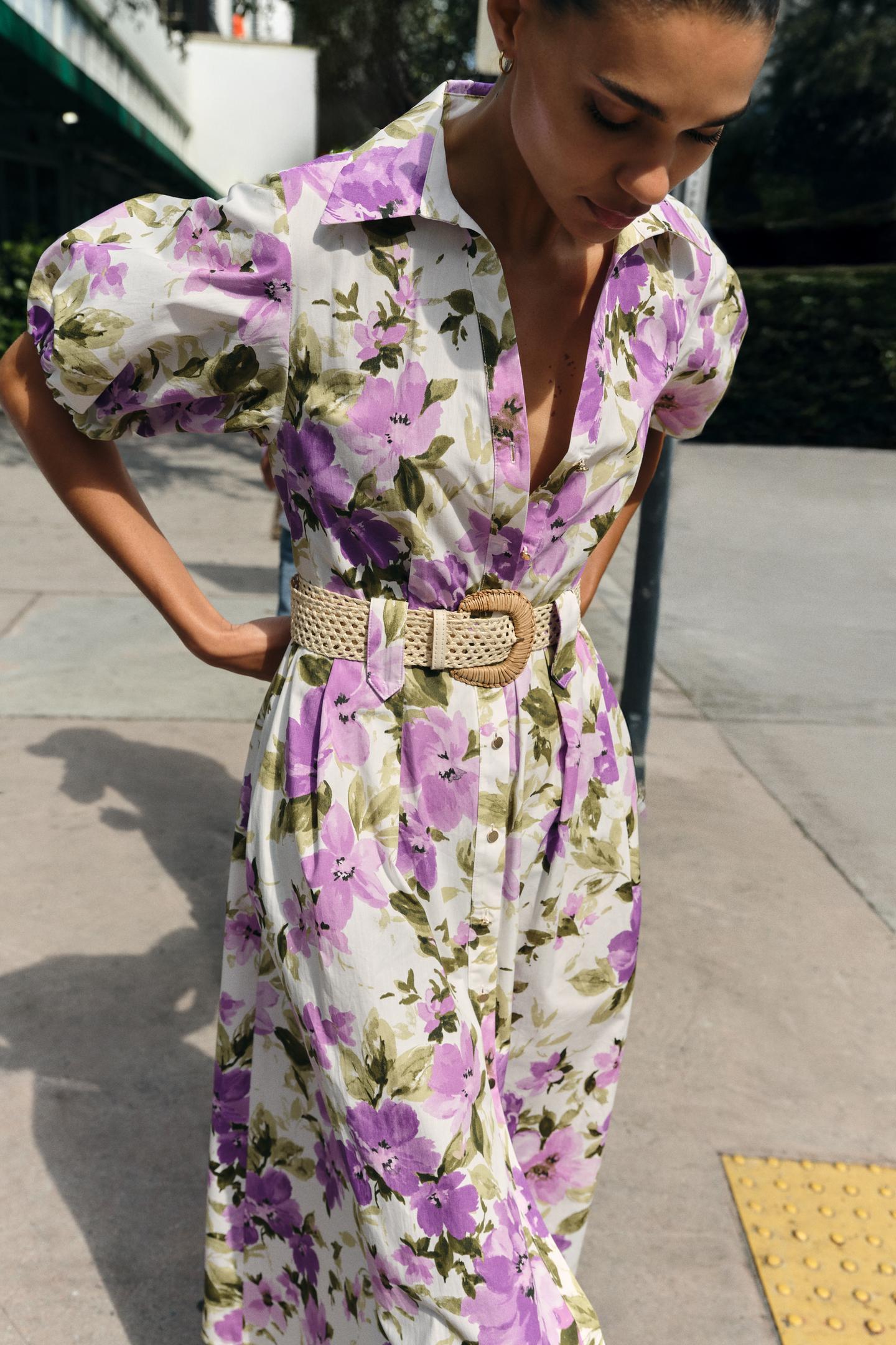 Robe mi-longue avec ceinture à imprimé fleuri
