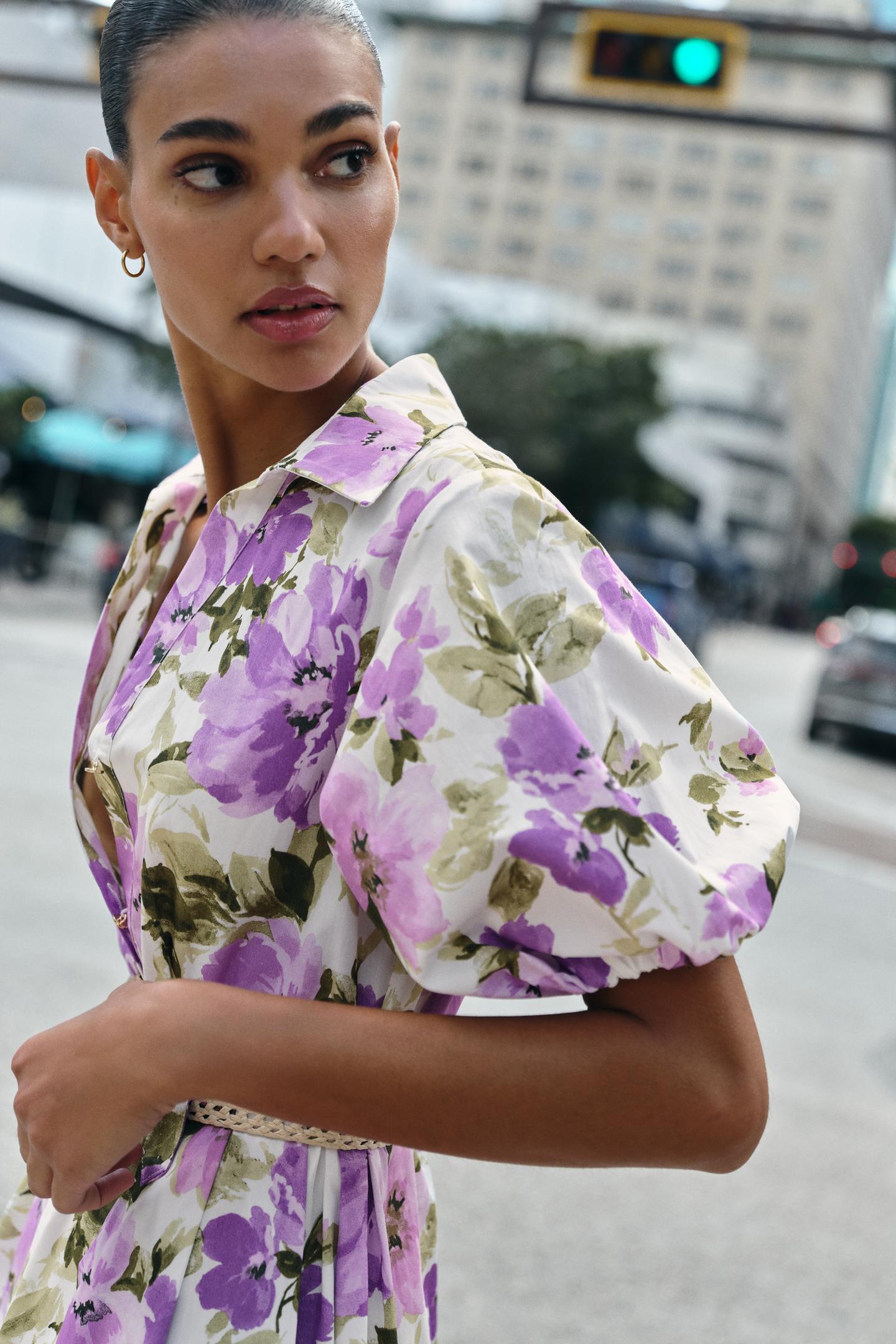 Robe mi-longue avec ceinture à imprimé fleuri