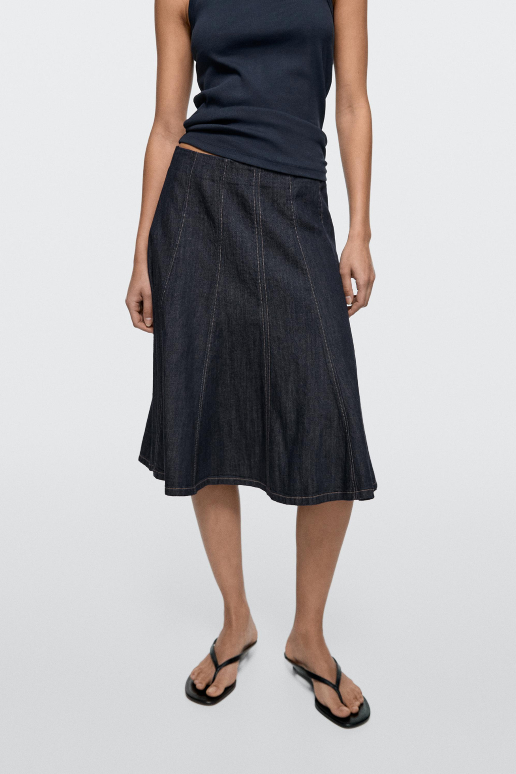 DENIM GODET MIDI SKIRT