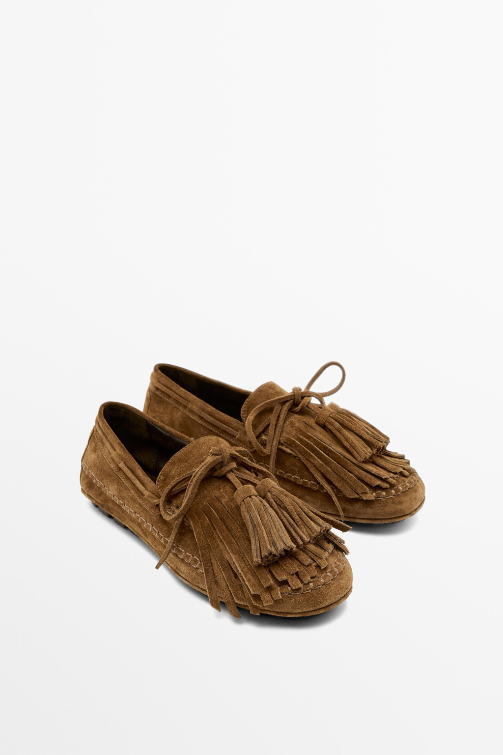 MOCASSIN À FRANGES ET POMPONS EN CROÛTE DE CUIR