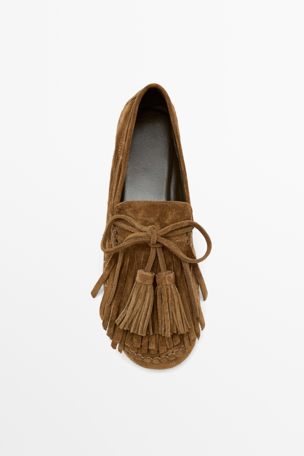 MOCASSIN À FRANGES ET POMPONS EN CROÛTE DE CUIR